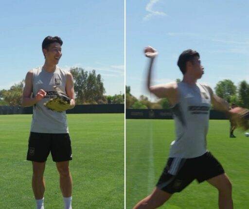 Son Heung-min practicing ahead of his first-ever ceremonial pitch as a baseball player with LA FC (Video)